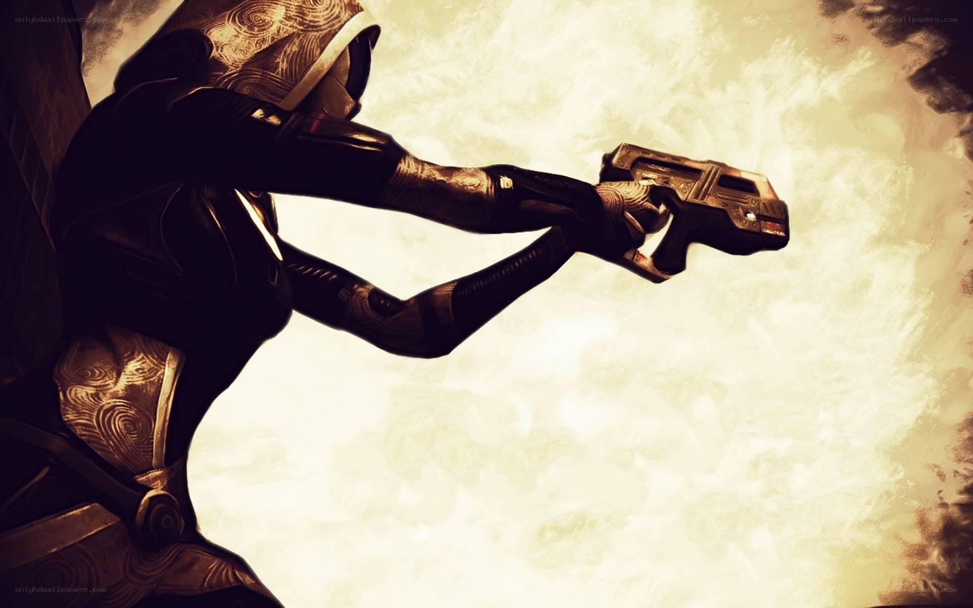 warrior aiming a futuristic gun