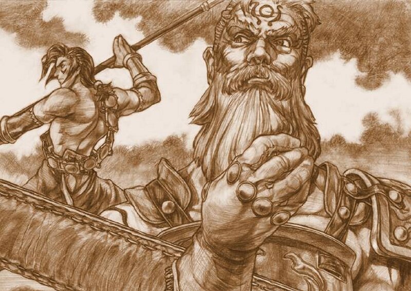 warrior and bearded figure in battle