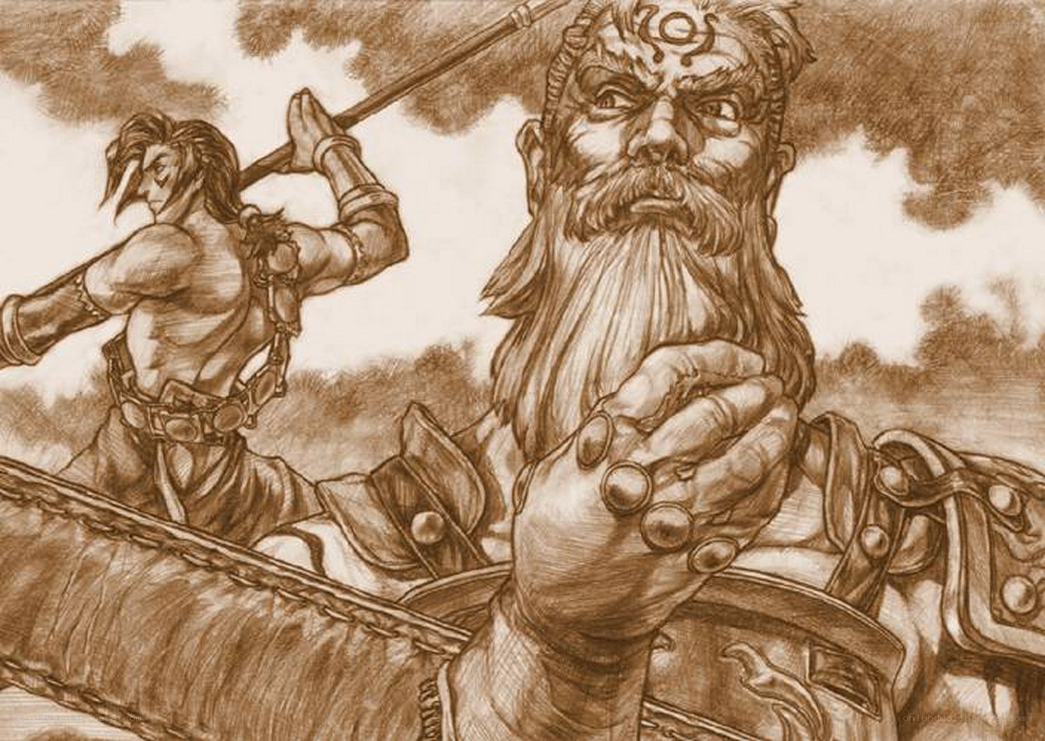 warrior and bearded figure in battle