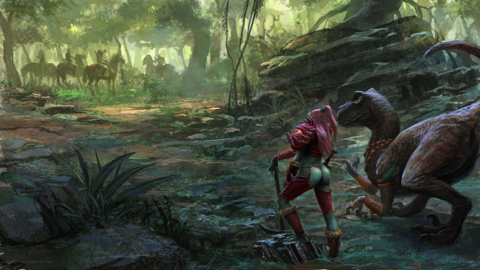 Warrior and dinosaur in jungle