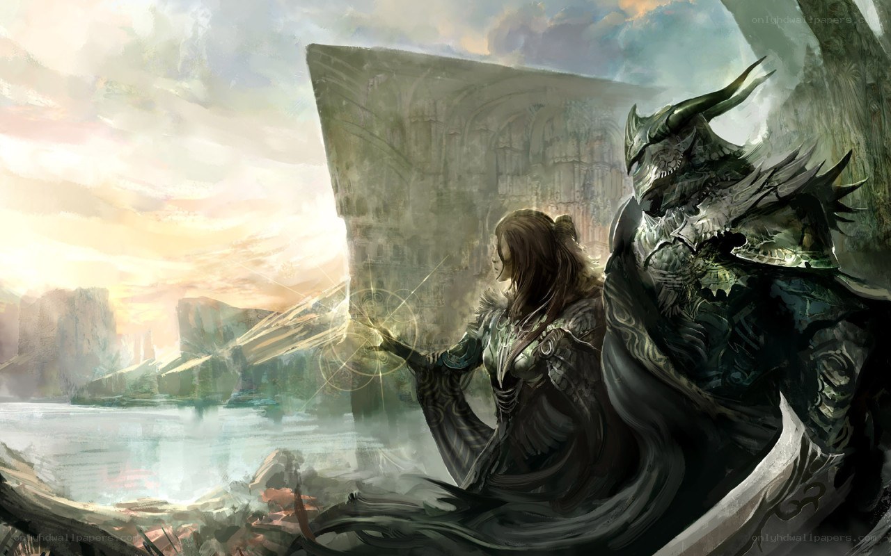 Warrior and dragon by the lake