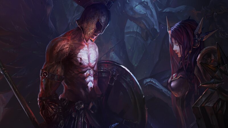 Warrior and Elf in Cave — Purple