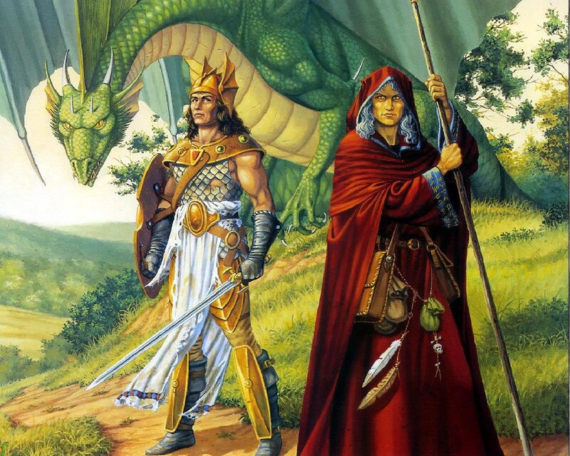 Warrior and Mage with Dragon — Green