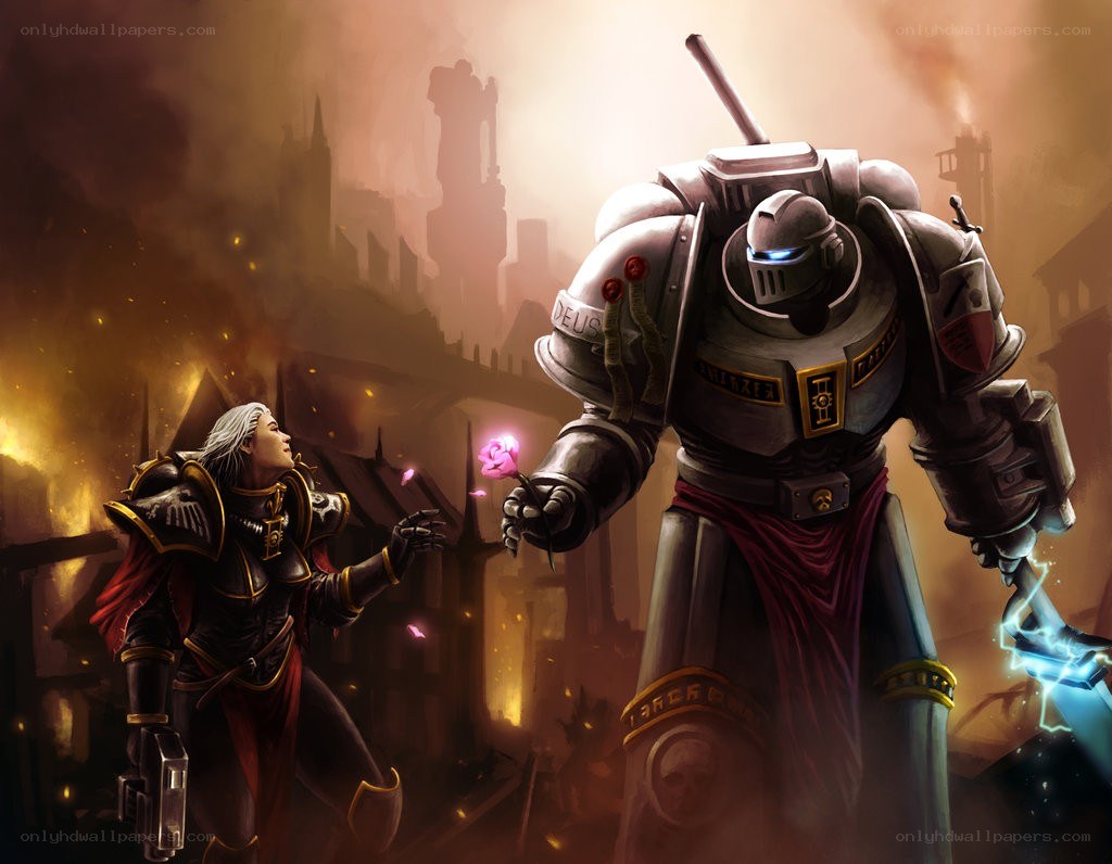 Warrior and robot in a burning city