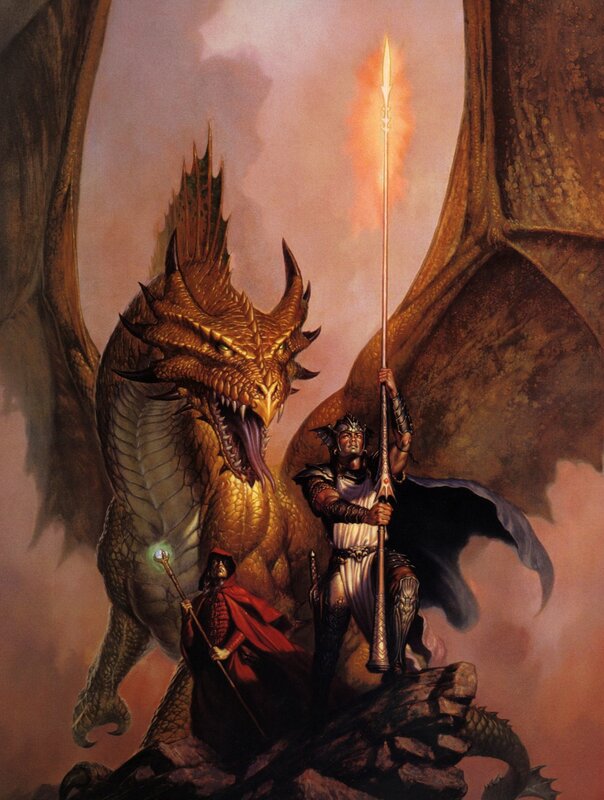 Warrior and wizard face dragon