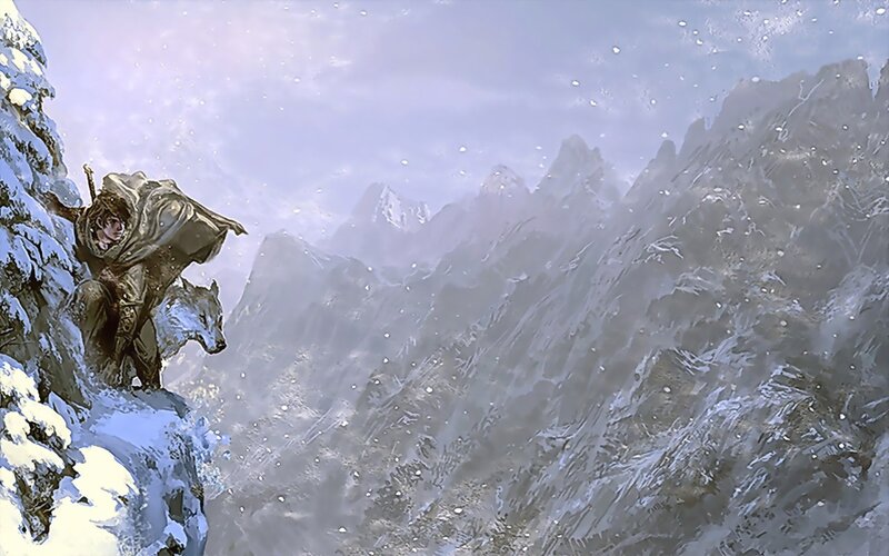 Warrior and wolf in snowy mountains