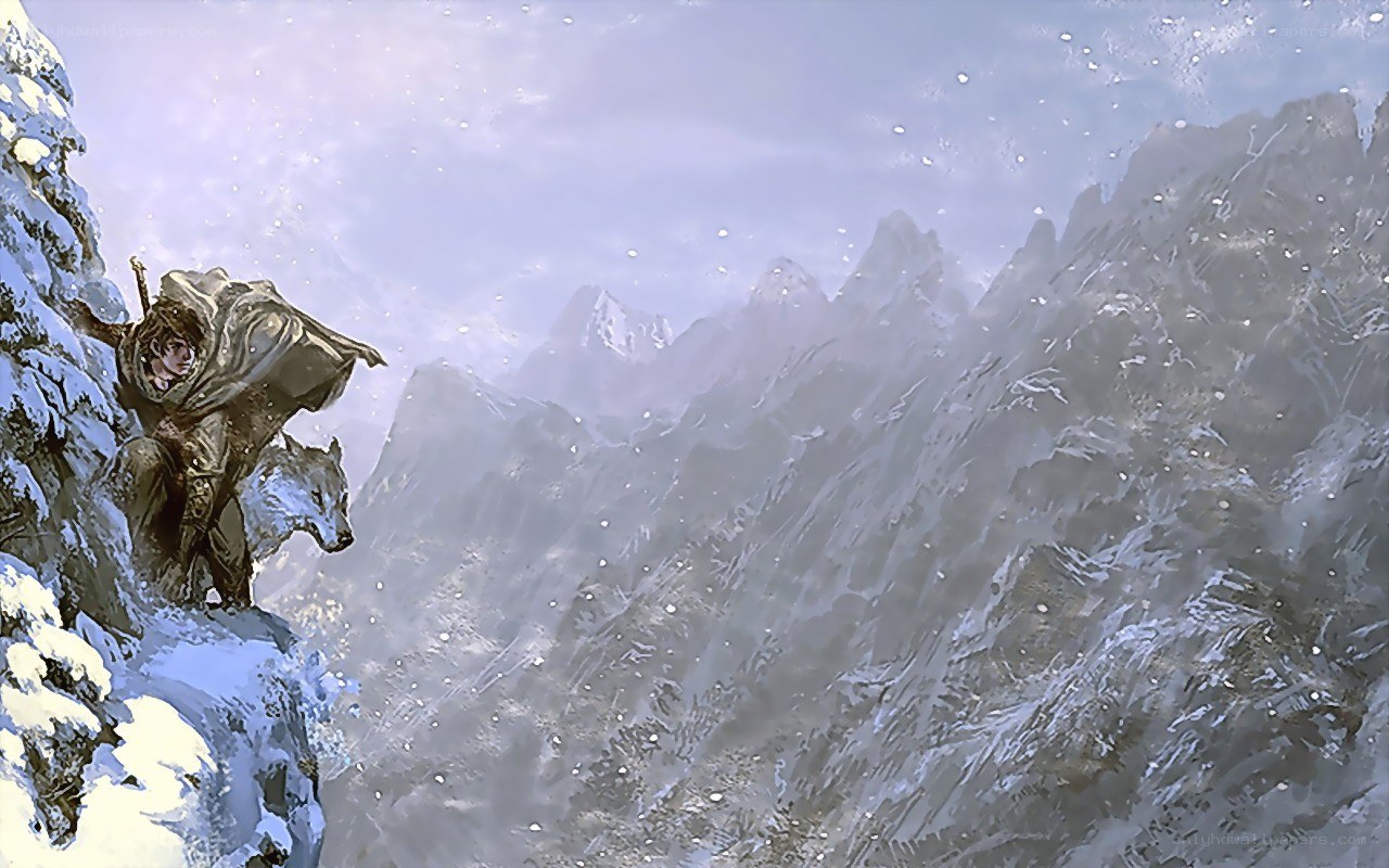 Warrior and wolf in snowy mountains