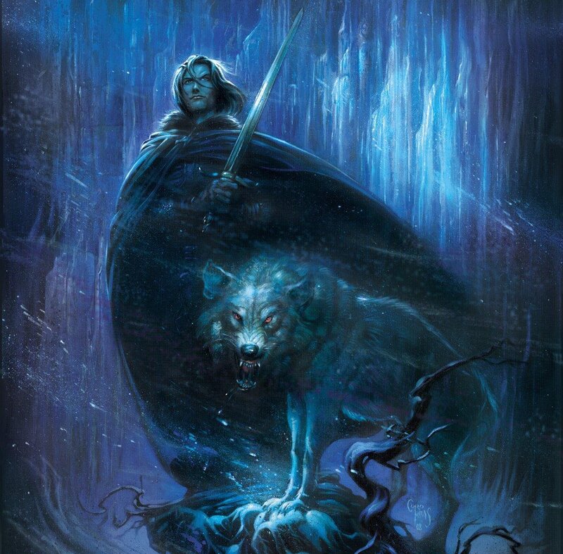 warrior and wolf in storm