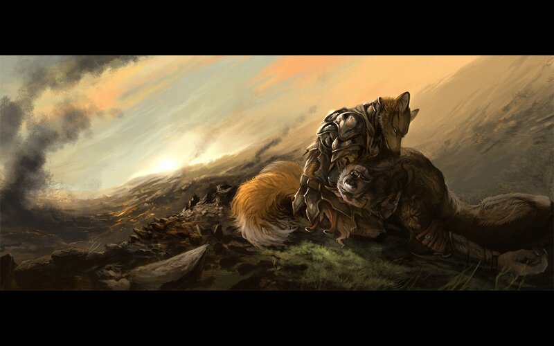 warrior and wolf in sunset