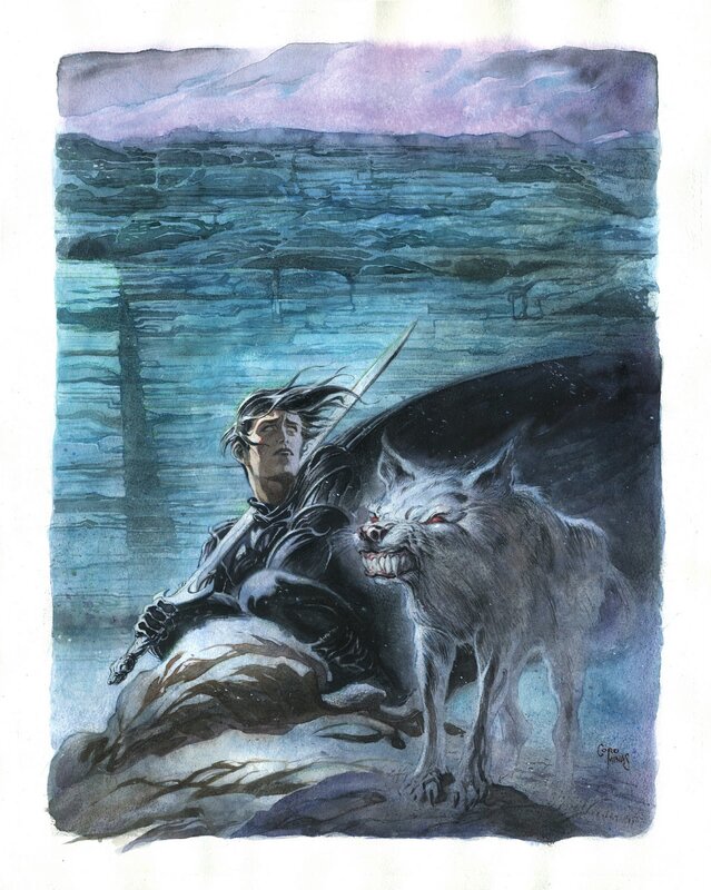warrior and wolf on a cliff