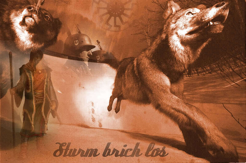 Warrior and wolves in battle