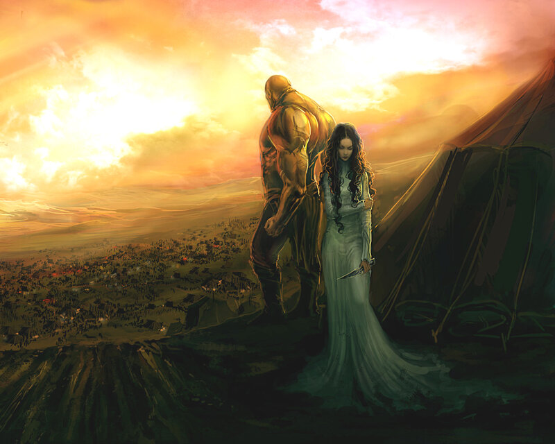Warrior and woman at sunset