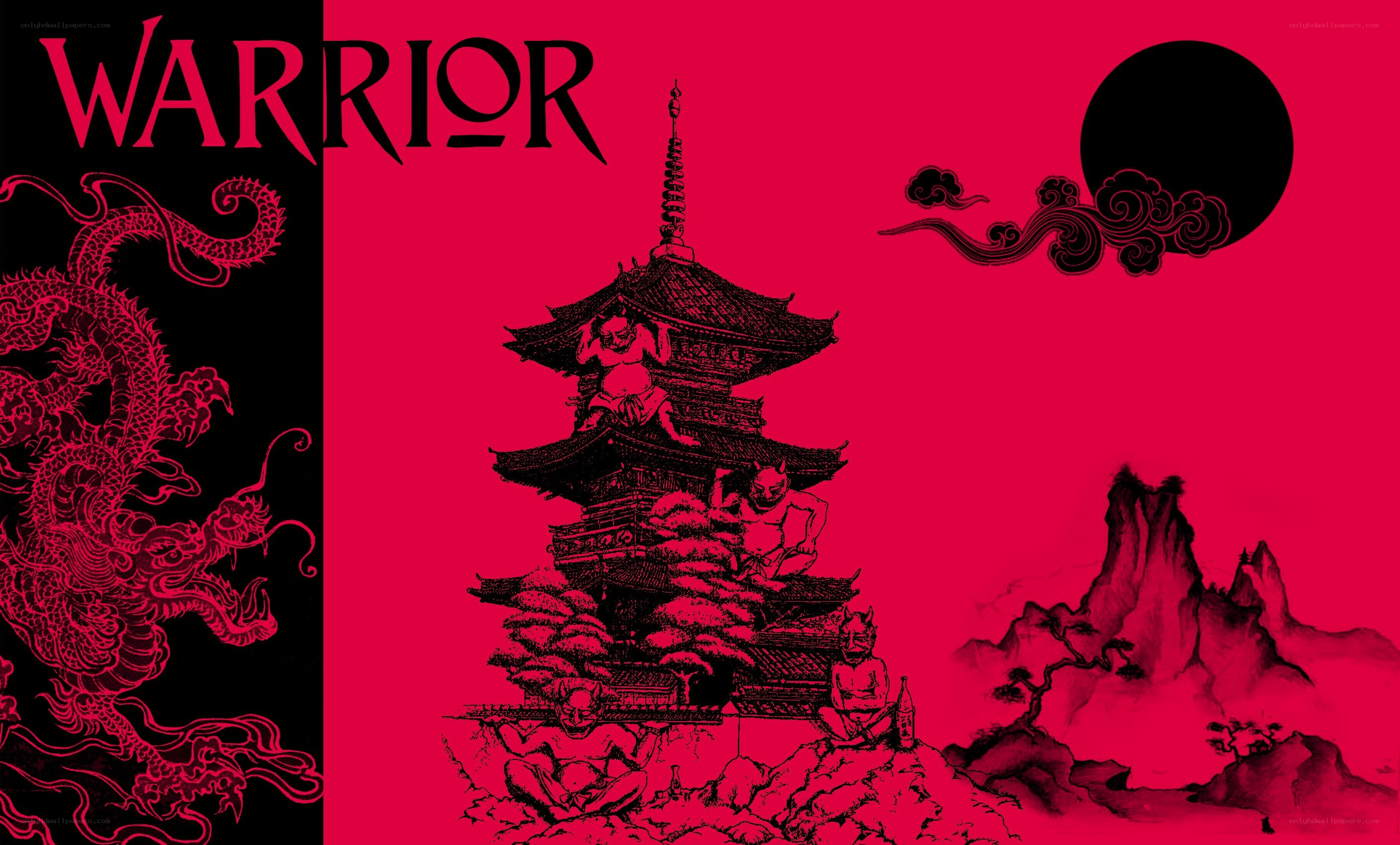 Warrior artwork with dragon and pagoda
