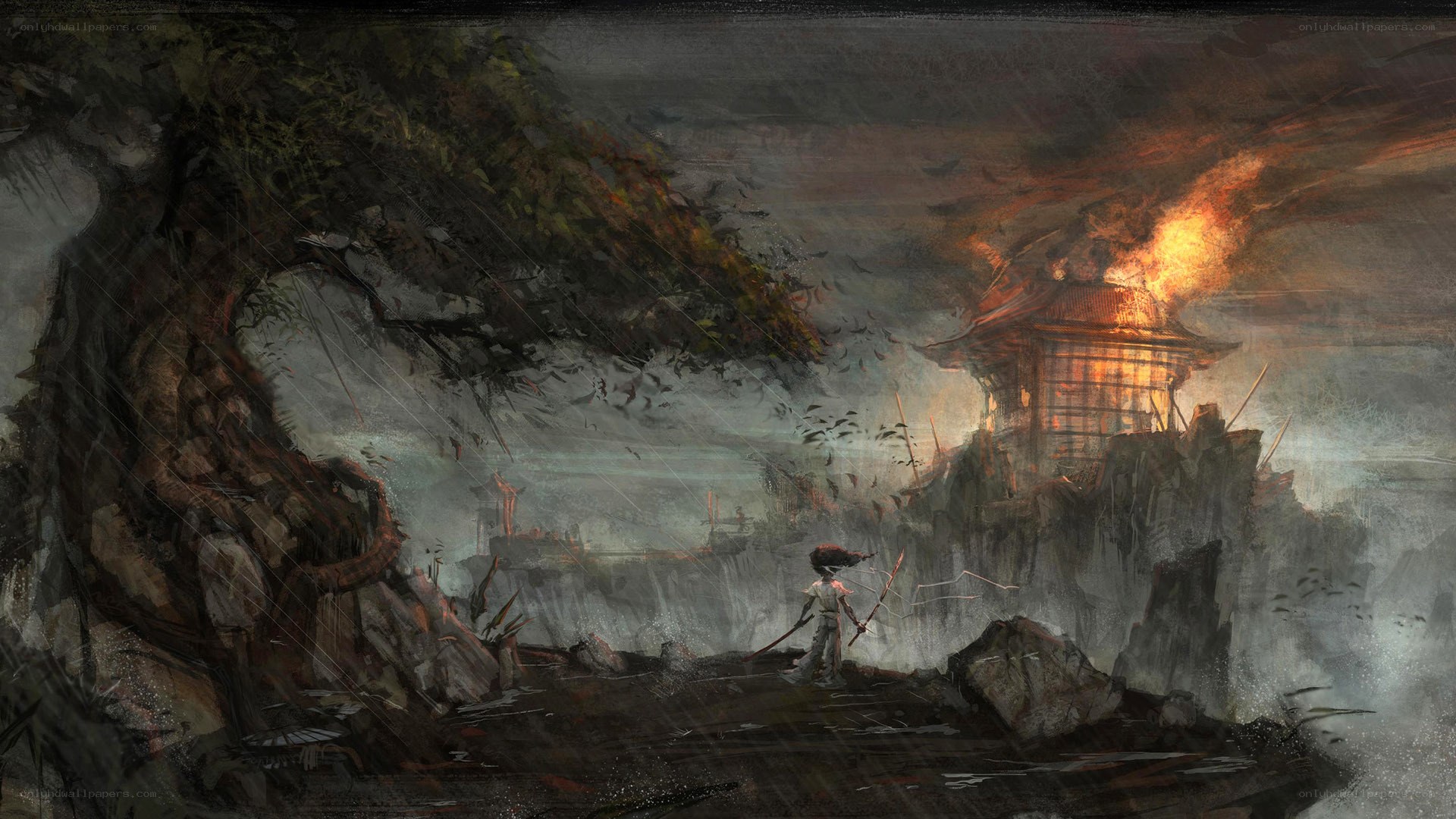 Warrior at a burning temple