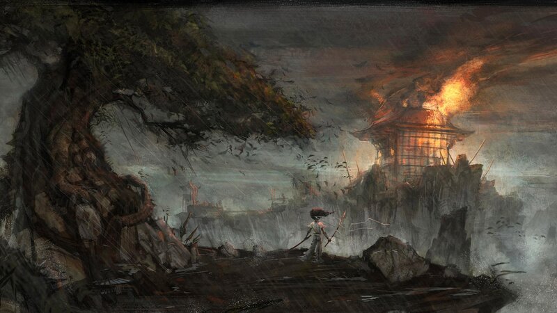 Warrior at a burning temple