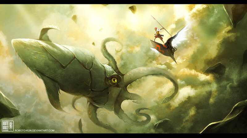Warrior battles giant squid