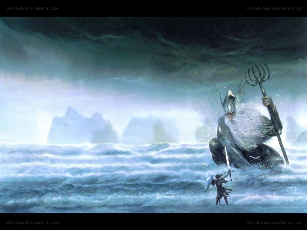 Warrior confronting sea god