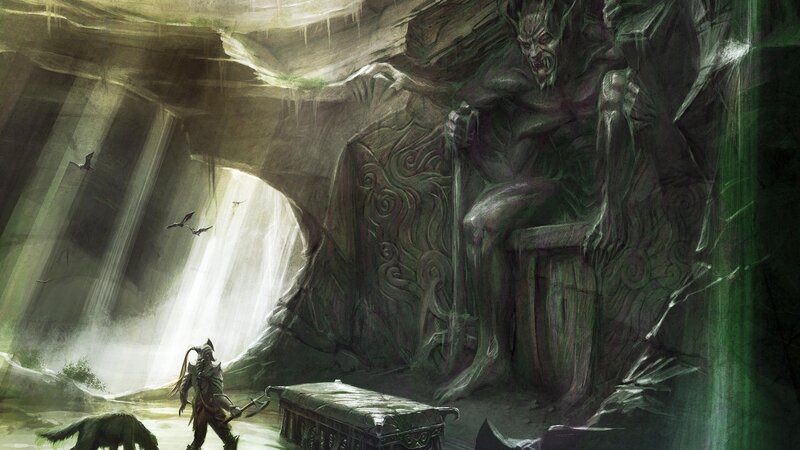 Warrior confronts a demon in a cave