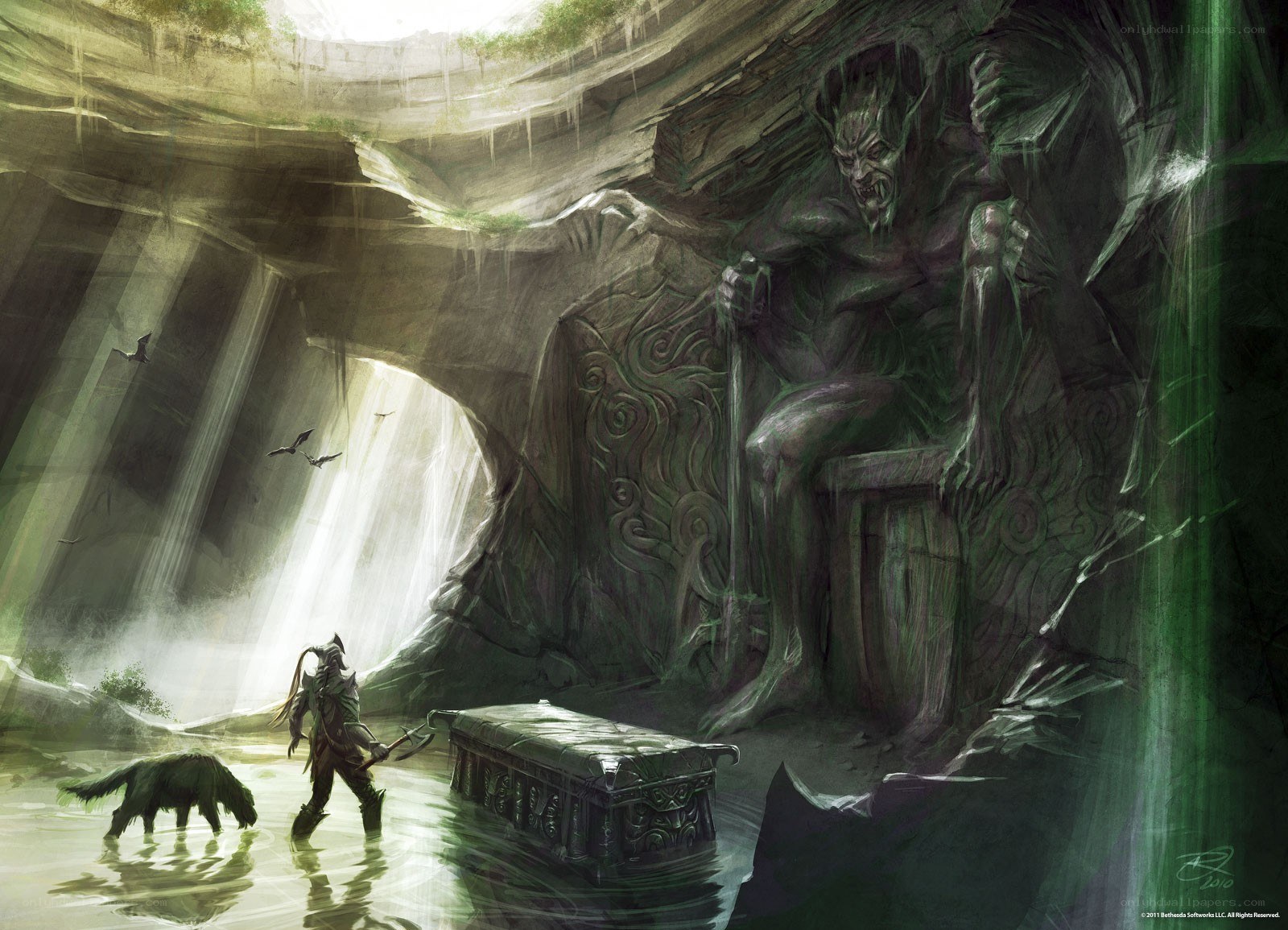 Warrior confronts a demon in a cave