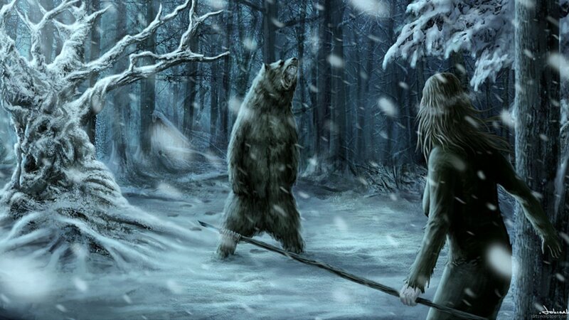 Warrior confronts bear in snow