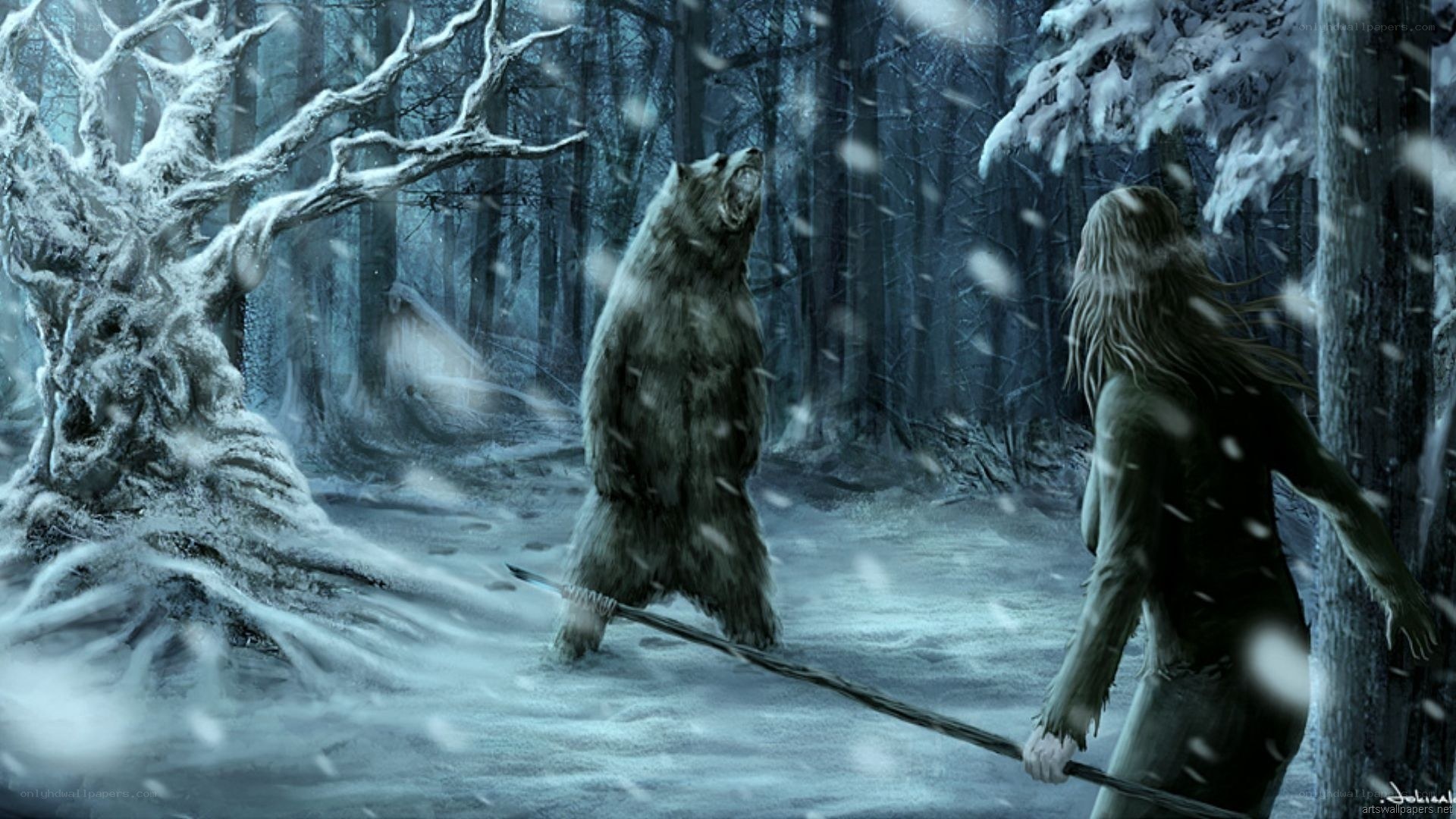 Warrior confronts bear in snow