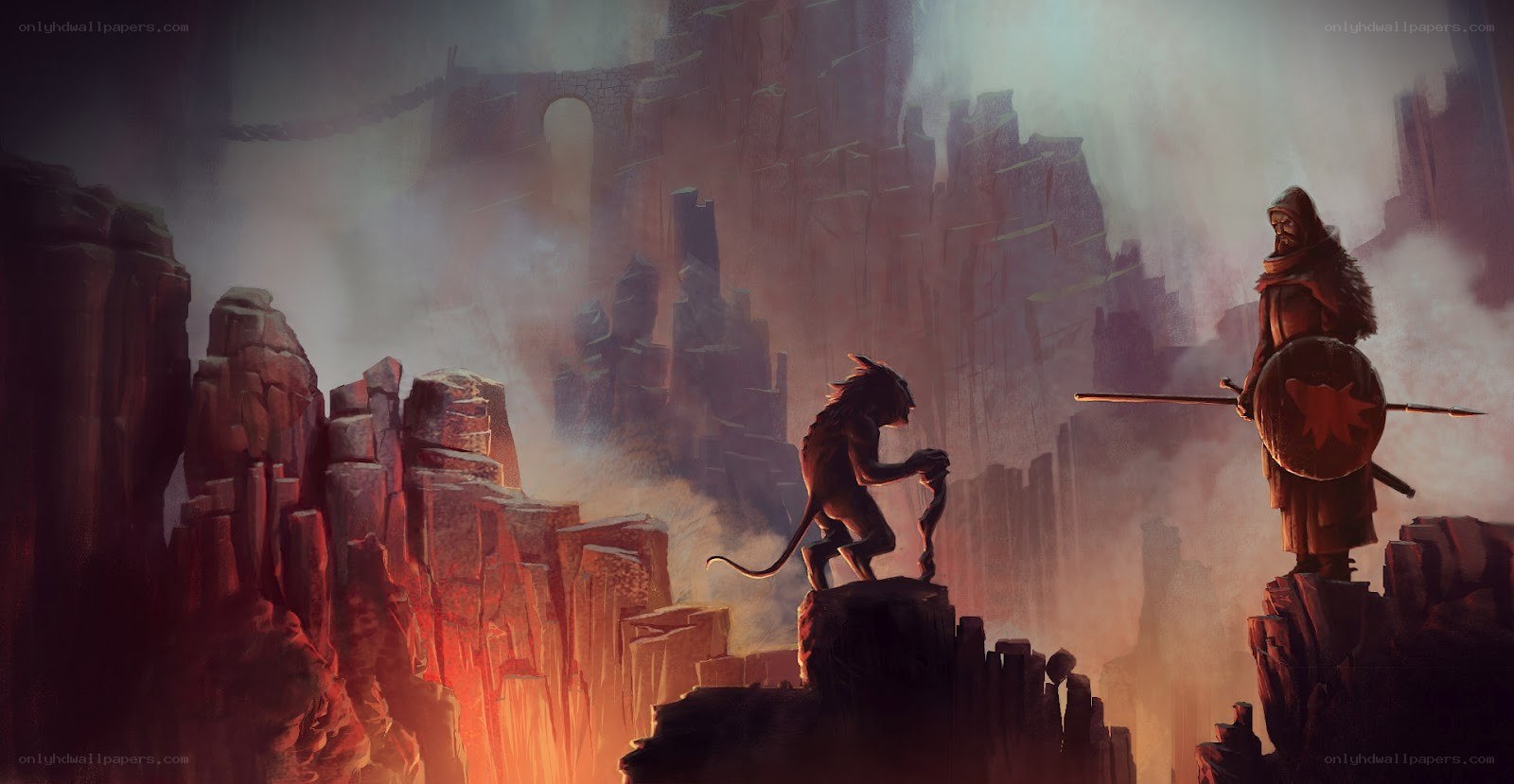 Warrior confronts beast in canyon