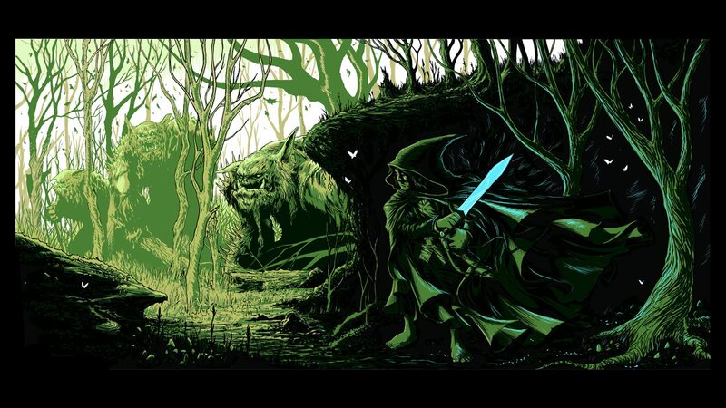 Warrior confronts forest beasts