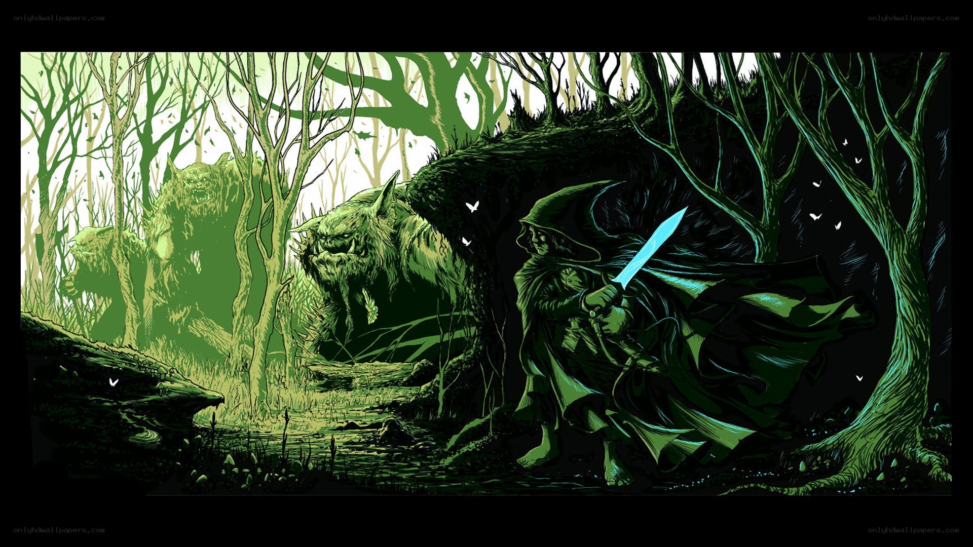 Warrior confronts forest beasts
