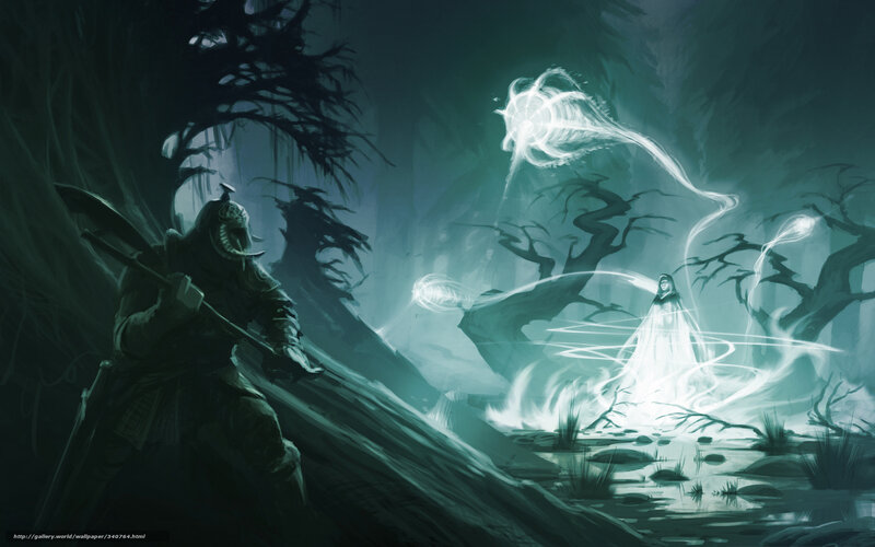 Warrior confronts ghost in dark forest