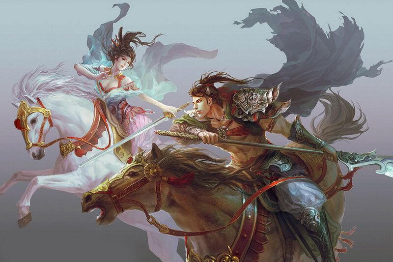 Warrior Couple on Horses — White