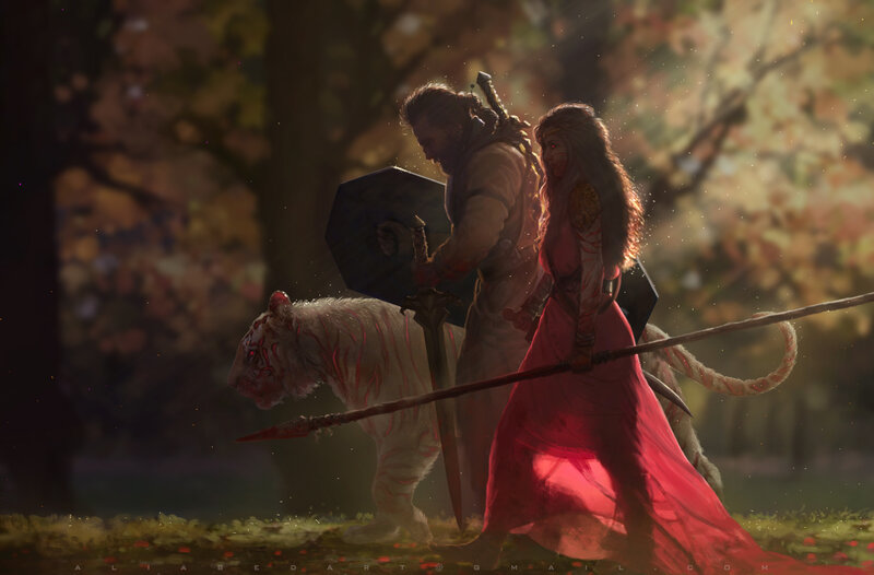 Warrior Couple with Tiger — Red