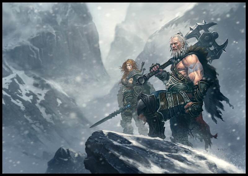 Warrior Duo in Snow — Gray, Dramatic, Winter, Digital Art, Snowstorm