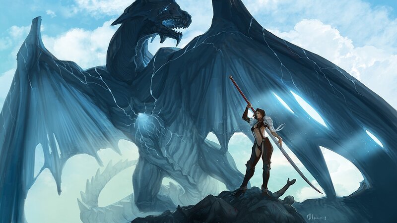 Warrior facing a dragon