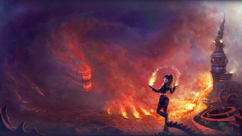 Warrior facing a fiery dragon