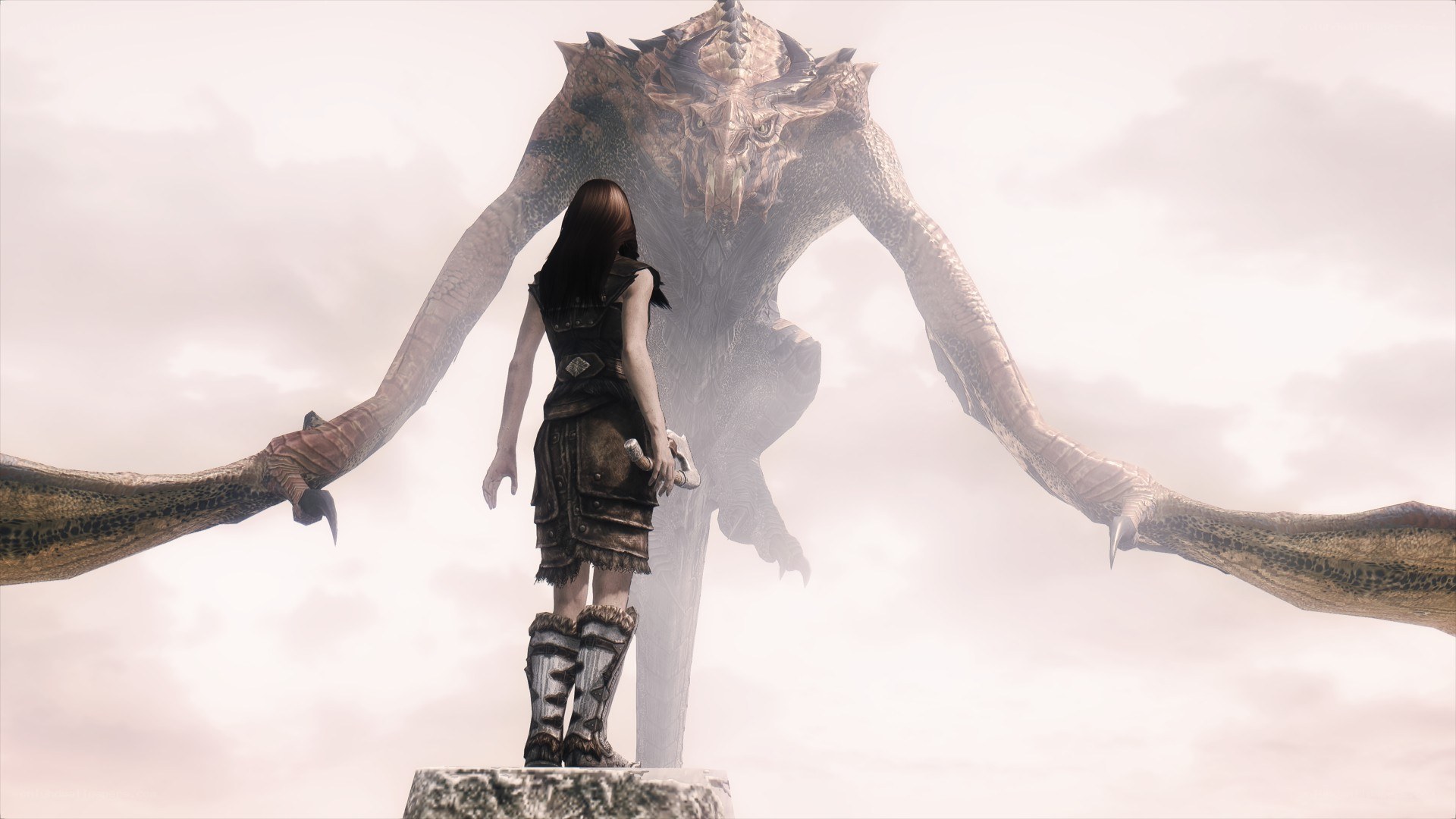 warrior facing a giant dragon