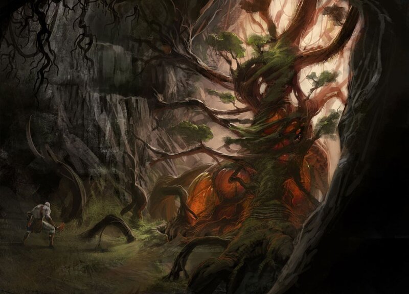 Warrior facing a giant tree