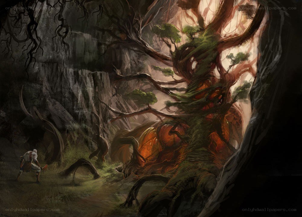 Warrior facing a giant tree