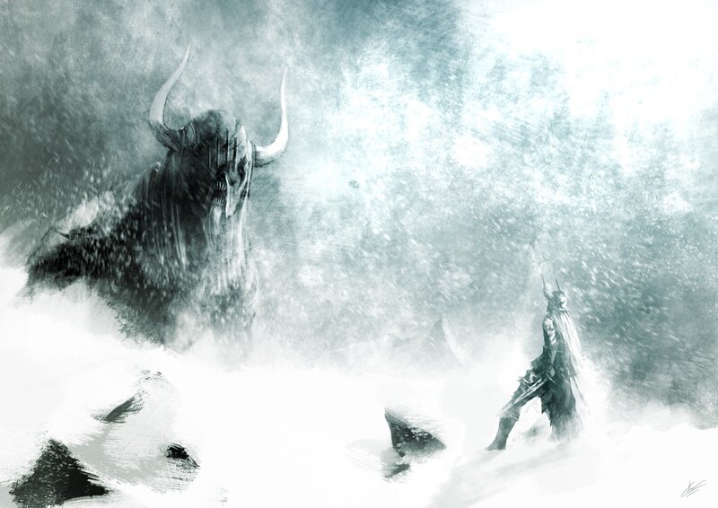 warrior facing a horned beast