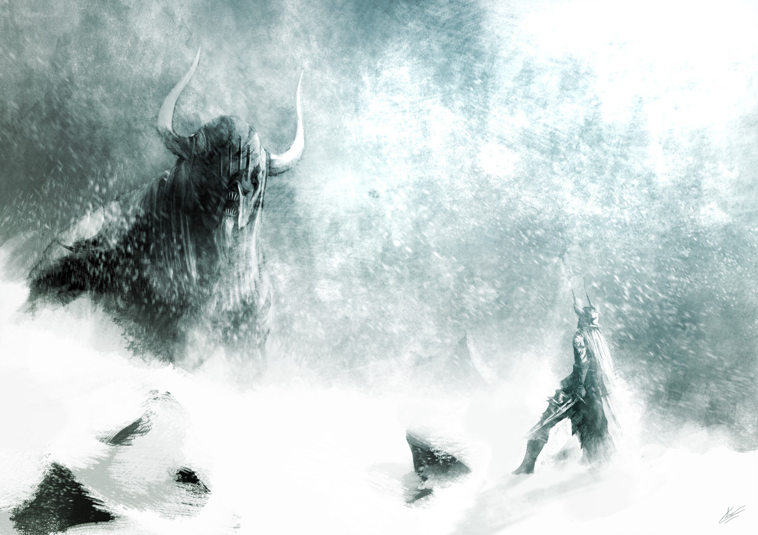 warrior facing a horned beast