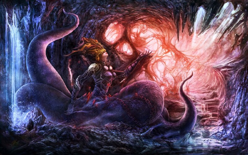 warrior facing a monstrous entity