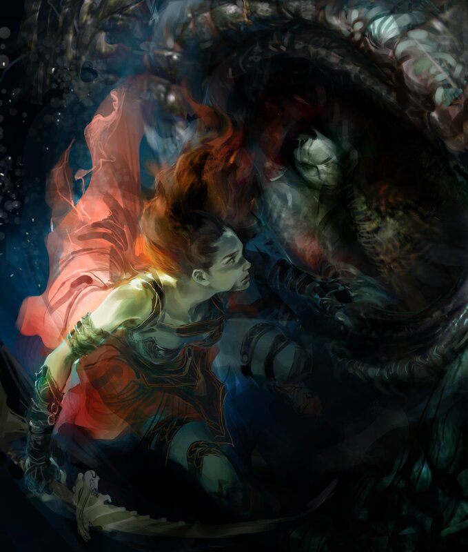 Warrior facing a monstrous serpent