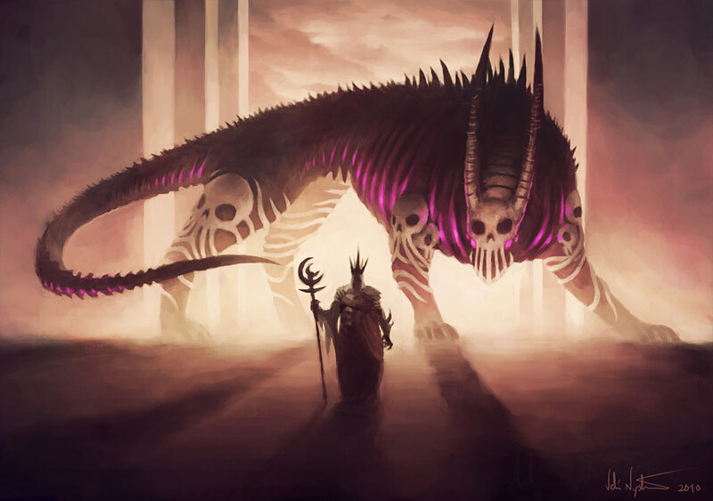 Warrior facing a skeletal beast