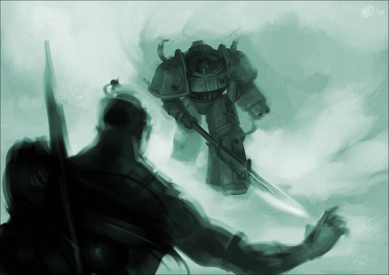 Warrior facing armored giant