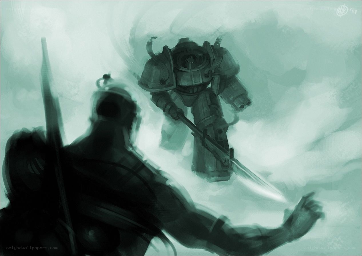 Warrior facing armored giant