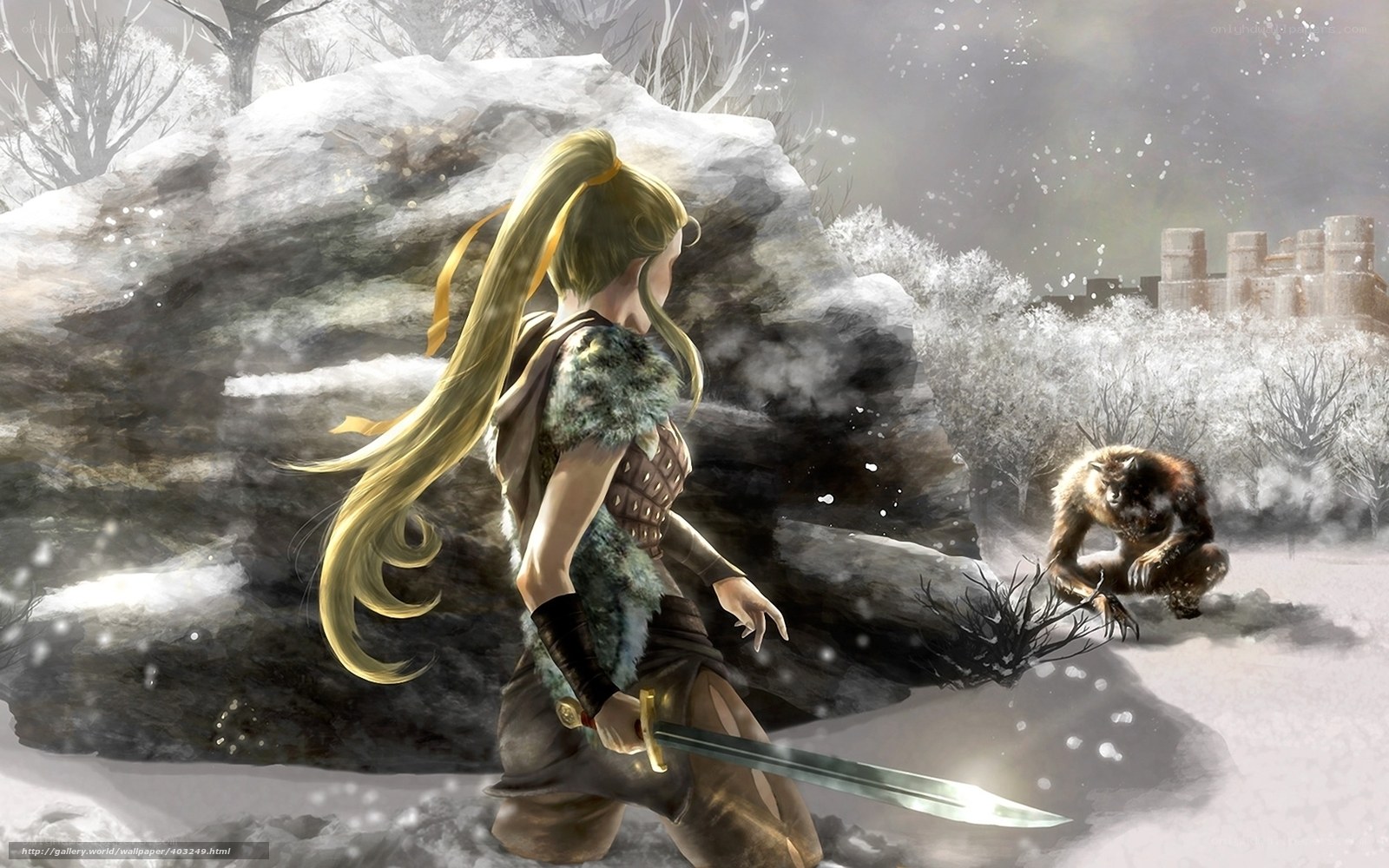 warrior facing beast in snow