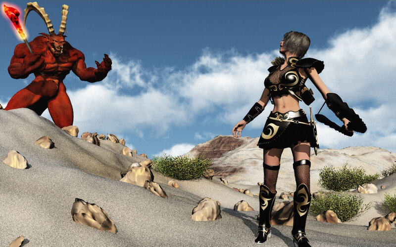 warrior facing demon in desert