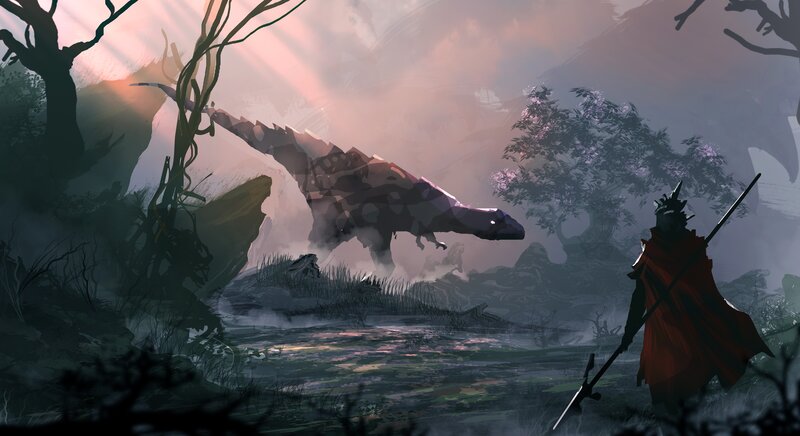 Warrior Facing Dinosaur