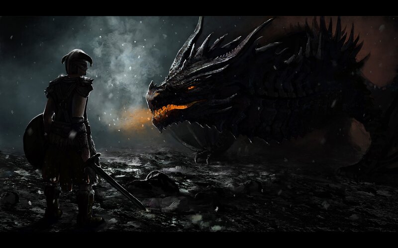 Warrior Facing Dragon — Black, Dramatic, Night