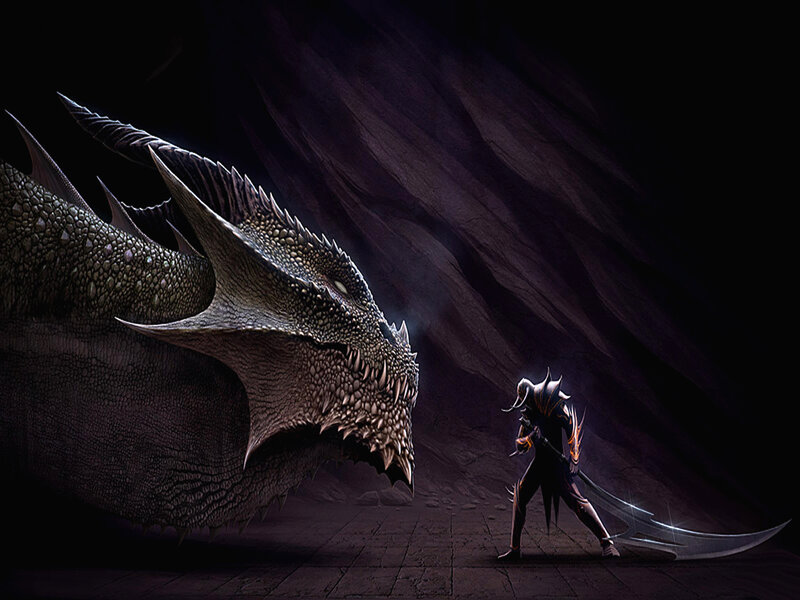 Warrior Facing Dragon — Black, Dramatic