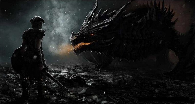 Warrior Facing Dragon — Black